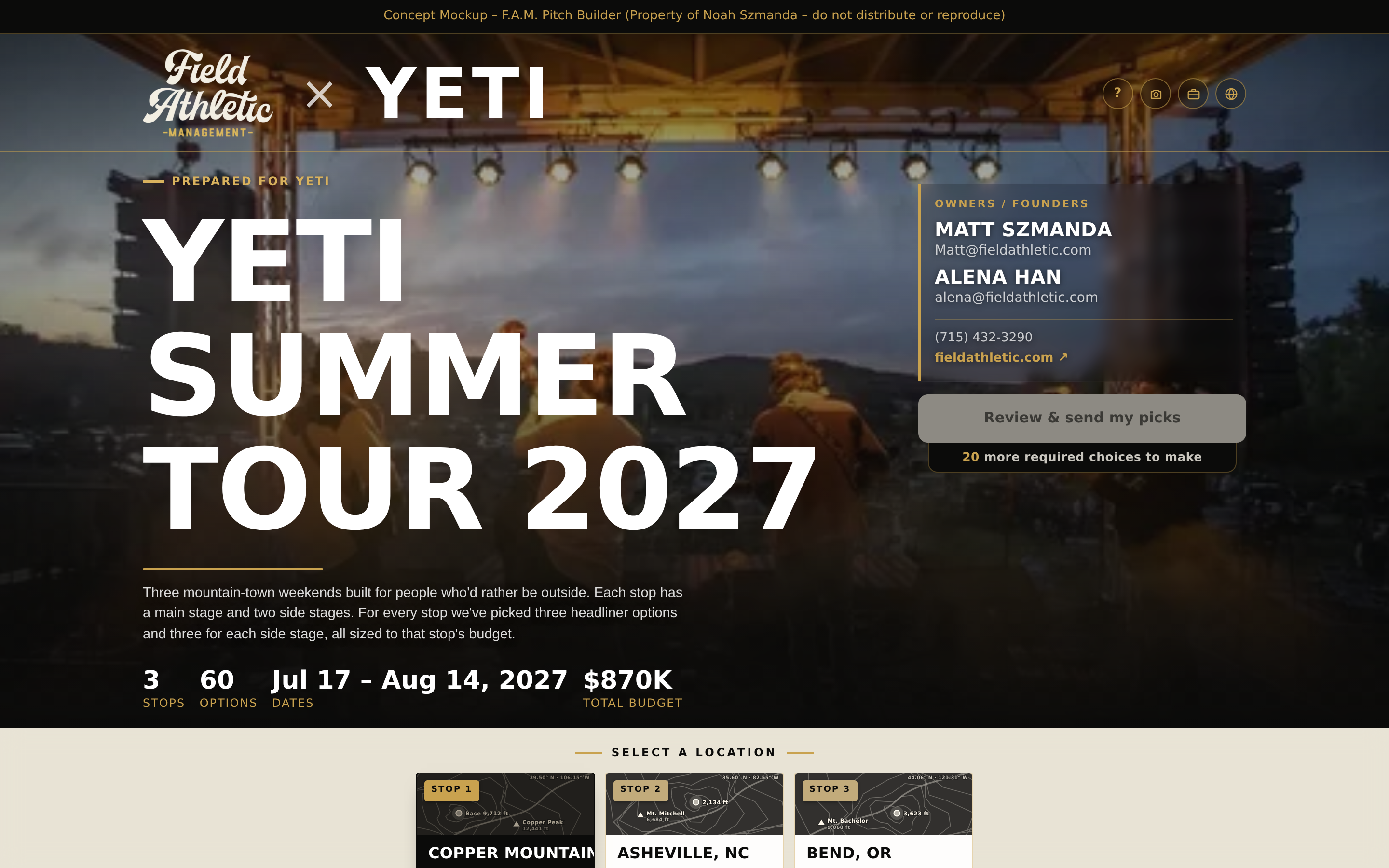 The YETI Summer Tour 2027 proposal page