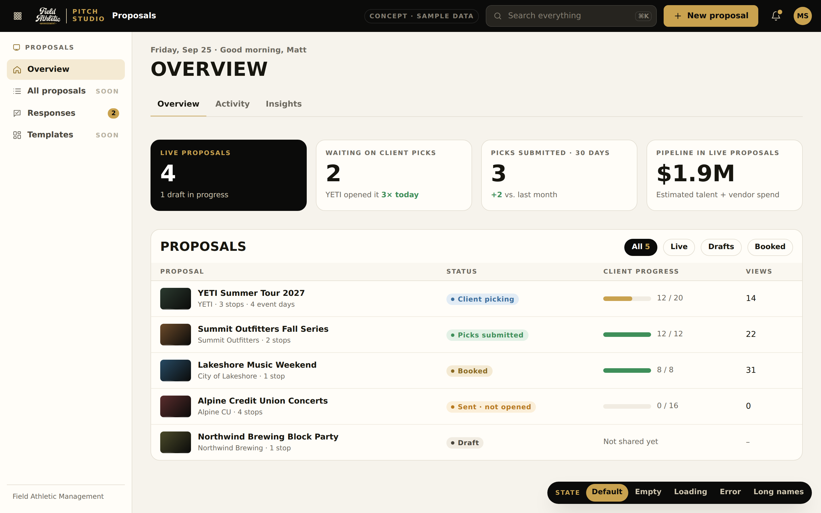 The Pitch Studio overview screen